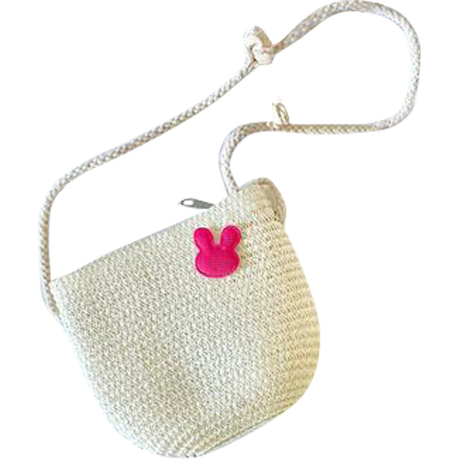 Straw Bag with Pink Rabbit Patch, Hot Pink - Bags - 1