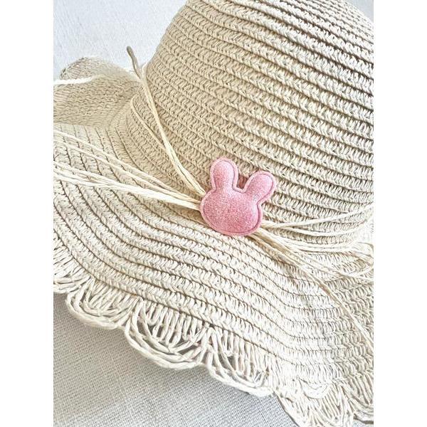 Ivory Straw Hat with Bunny Patch, Light Pink - Hats - 2