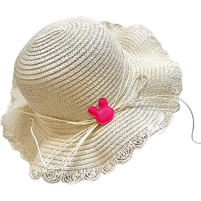 Ivory Straw Hat with Bunny Patch, Hot Pink