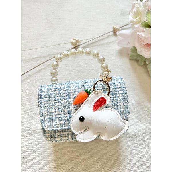 Tweed Purse with Hanging Bunny, Blue - Bags - 2