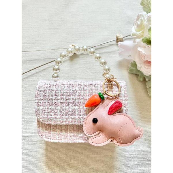 Tweed Purse with Hanging Bunny, Pink - Bags - 2