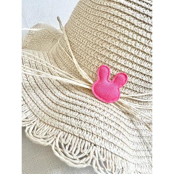 Ivory Straw Hat with Bunny Patch, Hot Pink - Hats - 2