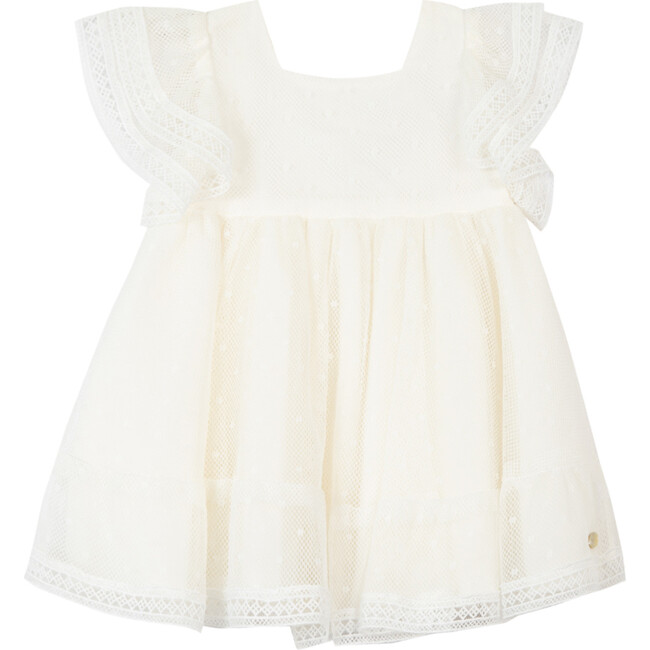 Creamy Lace Flutter Sleeve Baby Dress, White