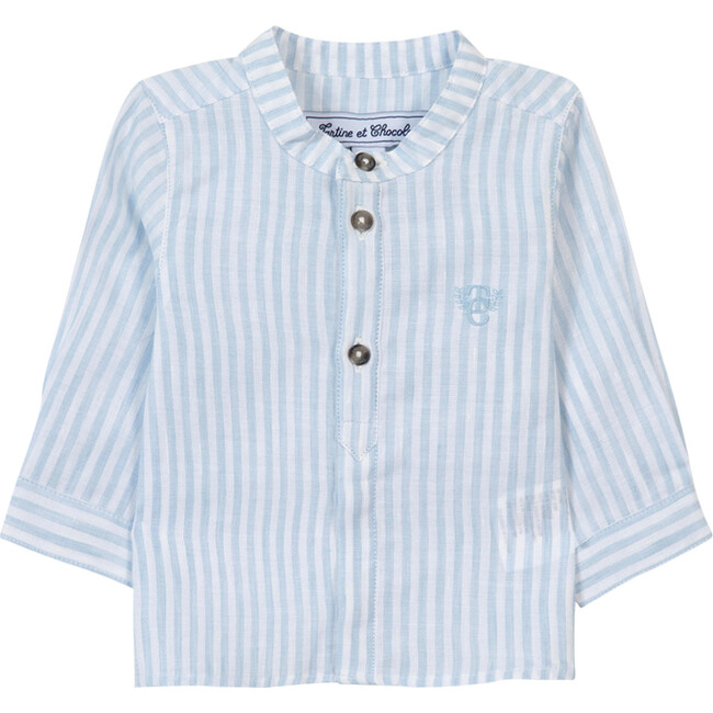 Striped Mandarin Collar Baby Shirt, Sky Blue