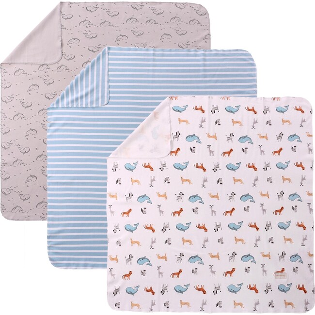 Whales And Animals Stripe Blankets, Blue (Pack of 3)