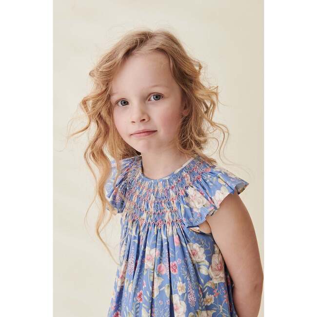 Dahlia Round Neck Smock Dress, Blue Floral - Dresses - 2