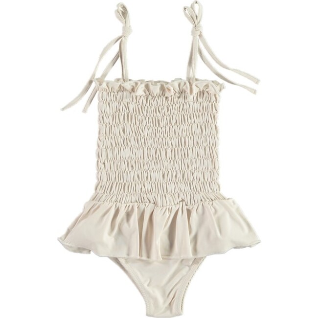 Athena Lycra Smocked Ruffle Waist Swimsuit, Beige - One Pieces - 2