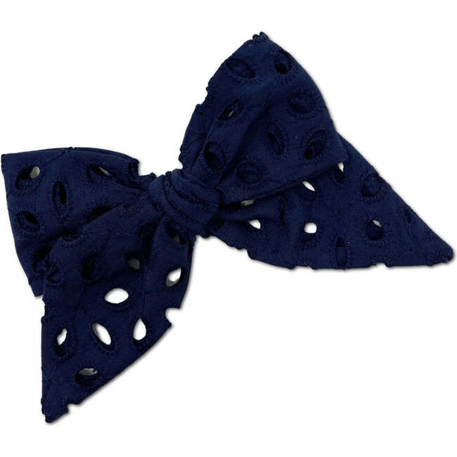 Hand-Tied Eyelet Bow, Navy - Hair Accessories - 1