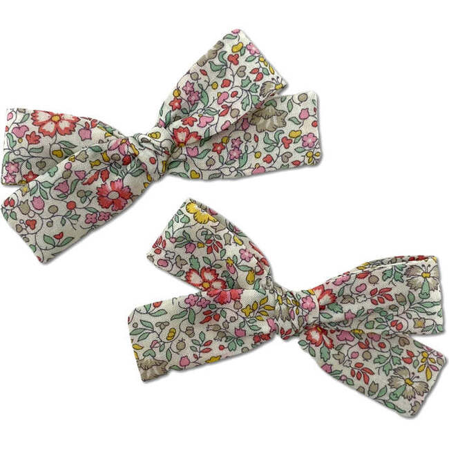 Skinny Liberty of London Hand-Tied Ribbon Pigtail Bows, Coral Floral (Set Of 2)