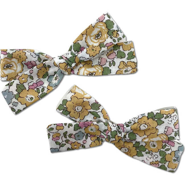 Skinny Liberty of London Hand-Tied Ribbon Pigtail Bows, Yellow Floral (Set Of 2)
