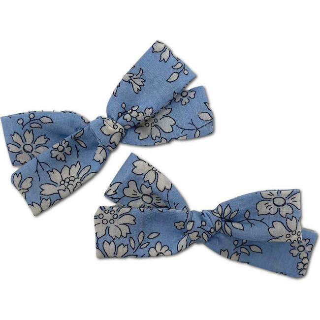 Skinny Liberty of London Hadn-Tied Ribbon Pigtail Bows, Periwinkle Floral (Set OF 2)