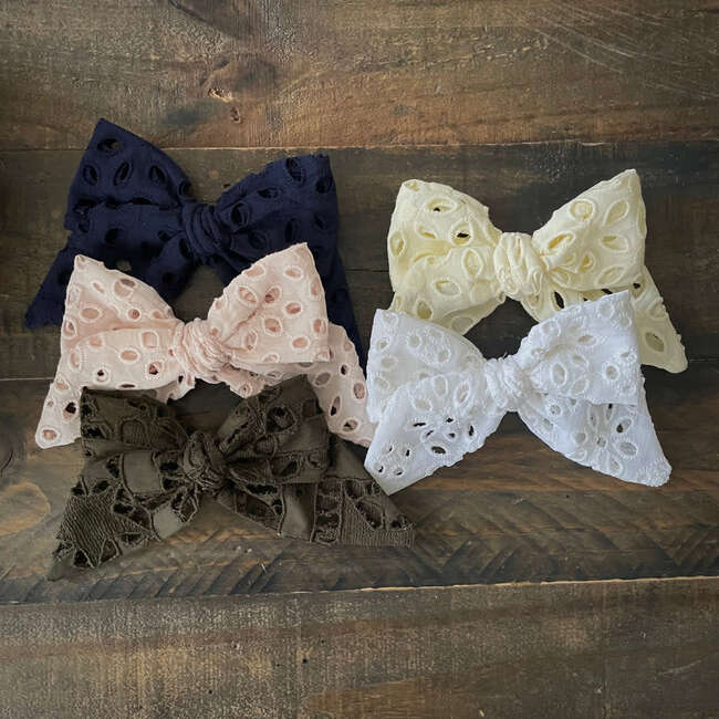 Hand-Tied Eyelet Bow, Navy - Hair Accessories - 3