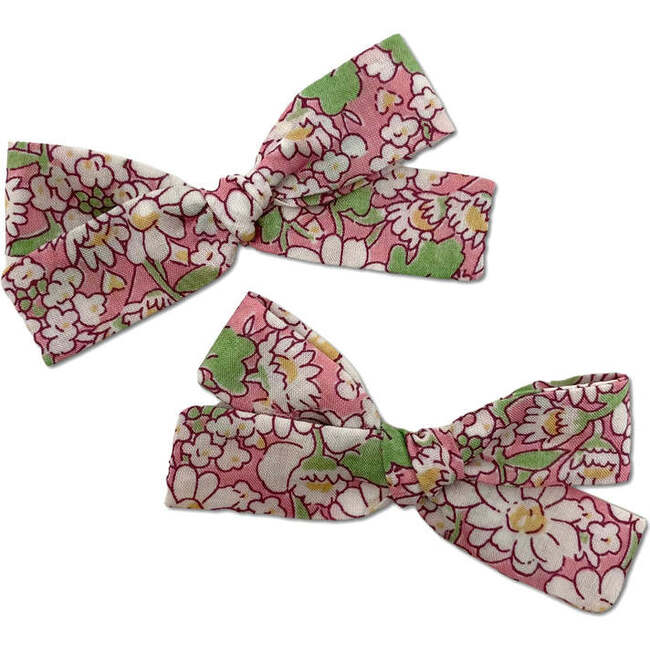 Skinny Liberty of London Hand-Tied Ribbon Pigtail Bows, Pink Daisies (Set Of 2)