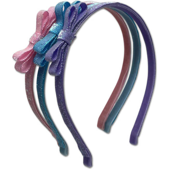 Glitter Velvet Ribbon Lined Bar Clip Headbands Trio Set, Pink, Blue And Purple - Hair Accessories - 1