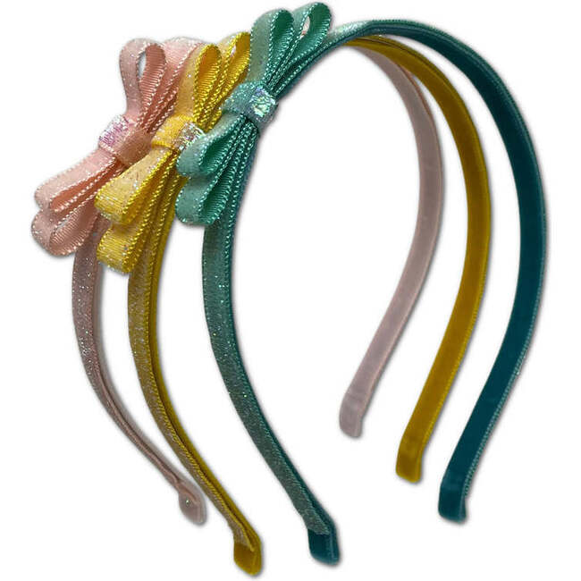 Glitter Velvet Ribbon Lined Bar Clip Headbands Trio Set, Peach, Yellow And Green