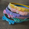Glitter Velvet Ribbon Lined Bar Clip Headbands Trio Set, Peach, Yellow And Green - Hair Accessories - 6