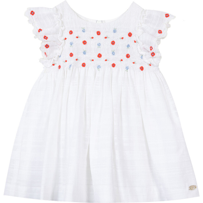 Smocked Embroidered Baby Dress, White