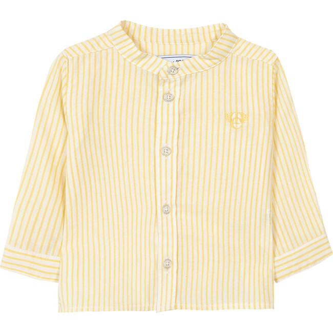 Striped Mandarin Collar Baby Shirt, White And Lemon - Shirts - 1