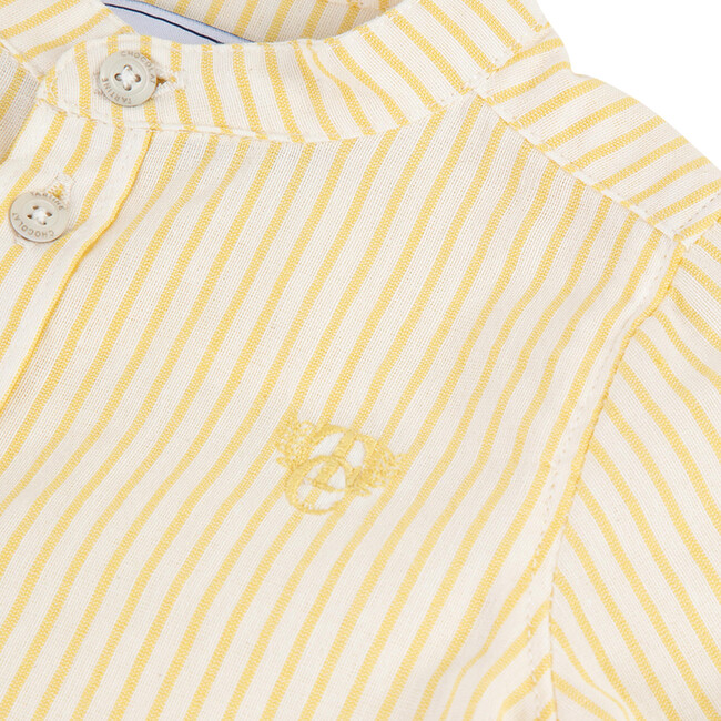 Striped Mandarin Collar Baby Shirt, White And Lemon - Shirts - 3