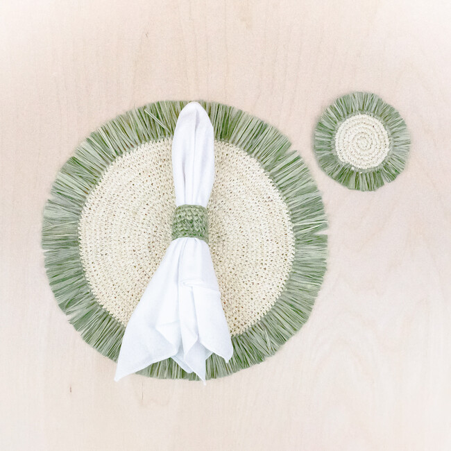 Set of 4 Raffia Round Crochet Coasters with Fringe, Sage - Tabletop - 2