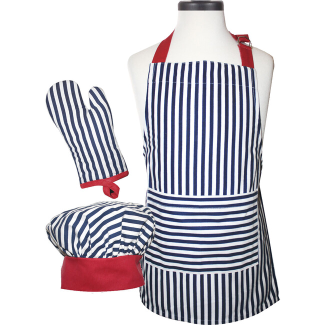 Striped Deluxe Youth Apron Boxed Set, Blue And White