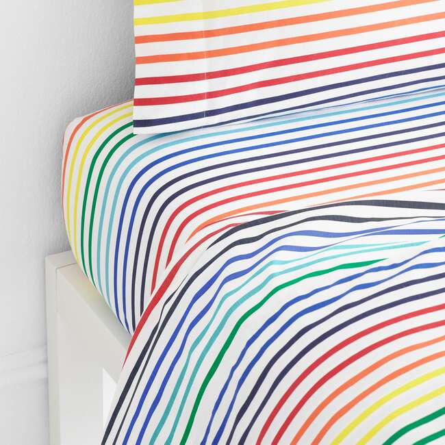 Kids Twin Fitted Sheet, White Double Rainbow Stripe - Sheets - 2