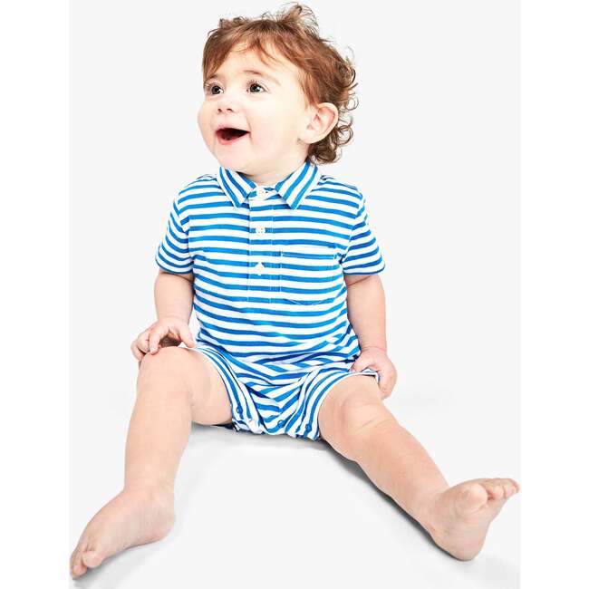 Baby Polo Shortie In Mini Stripe, Blueberry/White Stripe - Rompers - 2