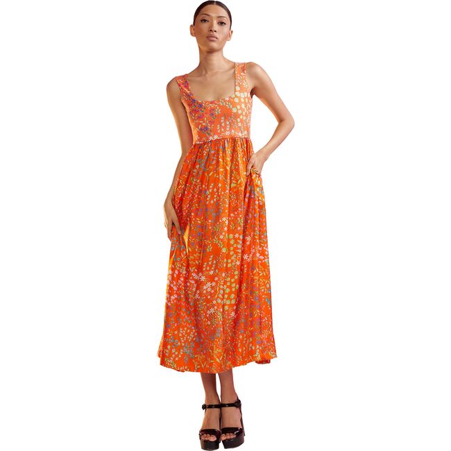 Women's Floral Isla Silk Twill Dress, Orange Garden