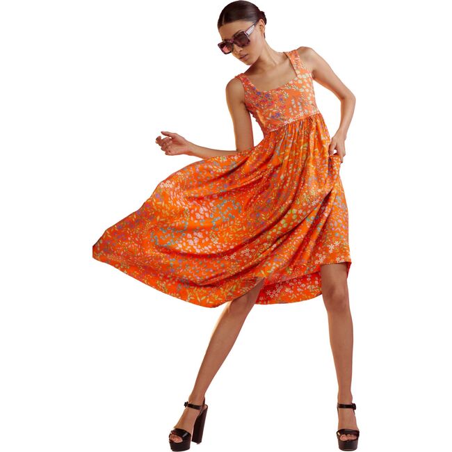 Women's Floral Isla Silk Twill Dress, Orange Garden - Dresses - 6