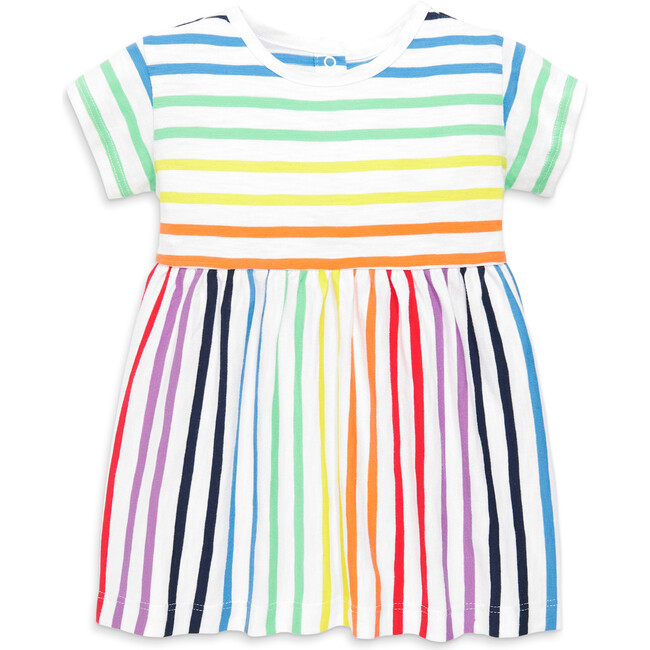 Baby Dress In Rainbow Stripe, White/Double Rainbow Stripe