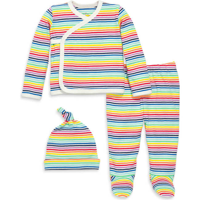 Baby Three-Piece Gift Set In Mini Rainbow Stripe, Ivory/Rainbow Mini Stripe