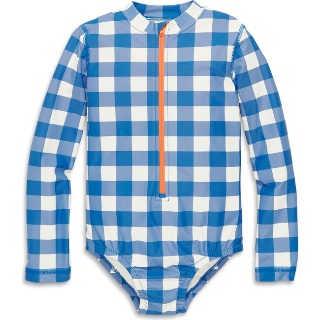 Long Sleeve One-Piece Rash Guard In Gingham, Blueberry Gingham