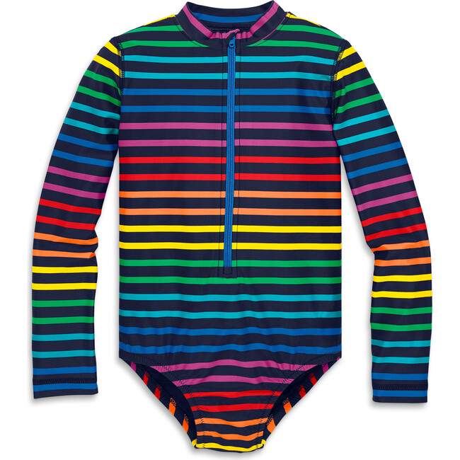 Long Sleeve One-Piece Rash Guard In Rainbow Stripe, Navy Bright Rainbow Stripe