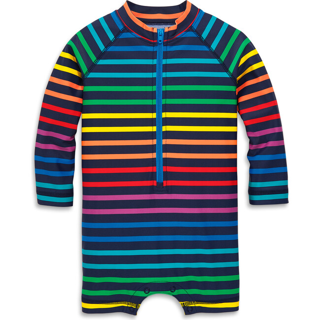 Baby One-Piece Rash Guard In Double Rainbow Stripe, Navy Bright Rainbow Stripe