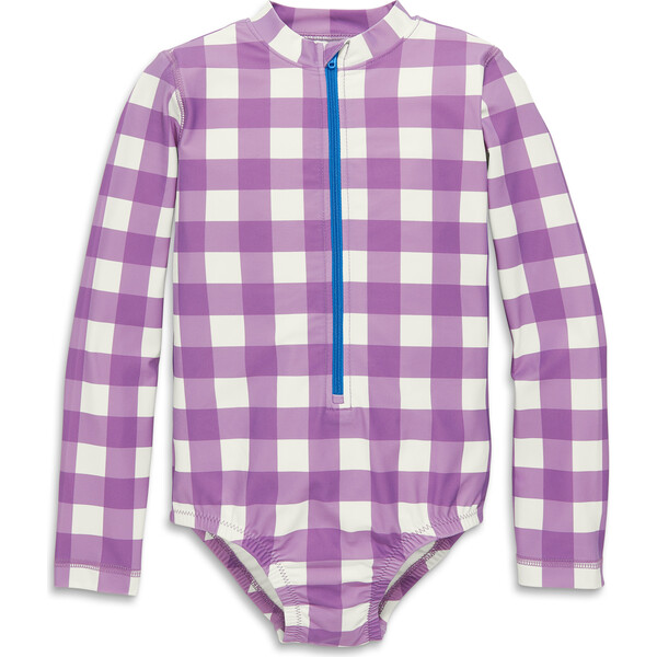 Long Sleeve OnePiece Rash Guard In Gingham, Lavender Gingham Primary