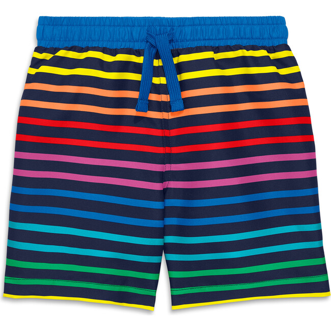 Swim Trunk In Rainbow Stripe, Navy Bright Rainbow Stripe
