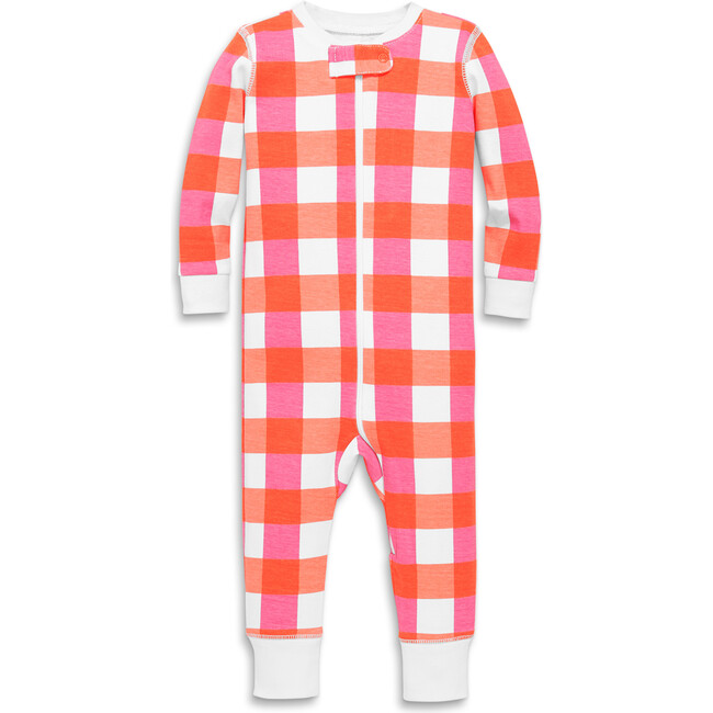 Baby Organic Zip Romper In Gingham, Clementine Bold Multi Check - Pajamas - 1