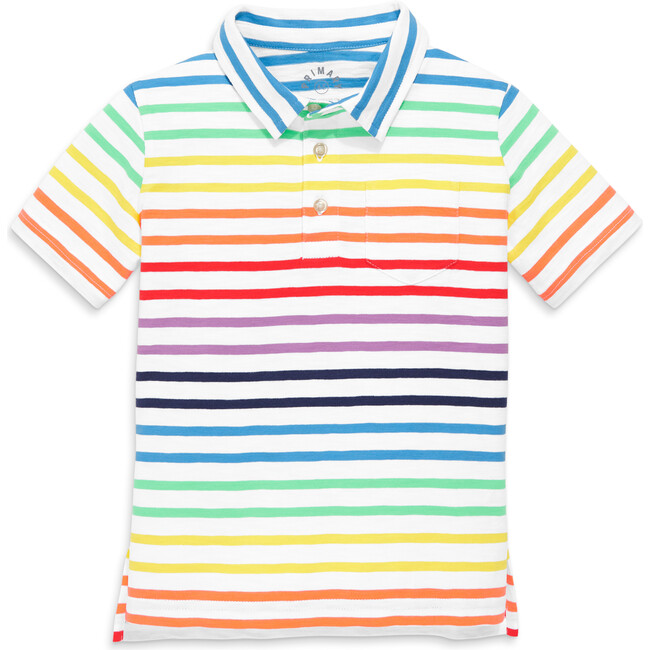 Short Sleeve Polo In Mini Rainbow Stripe, White/Double Rainbow Stripe