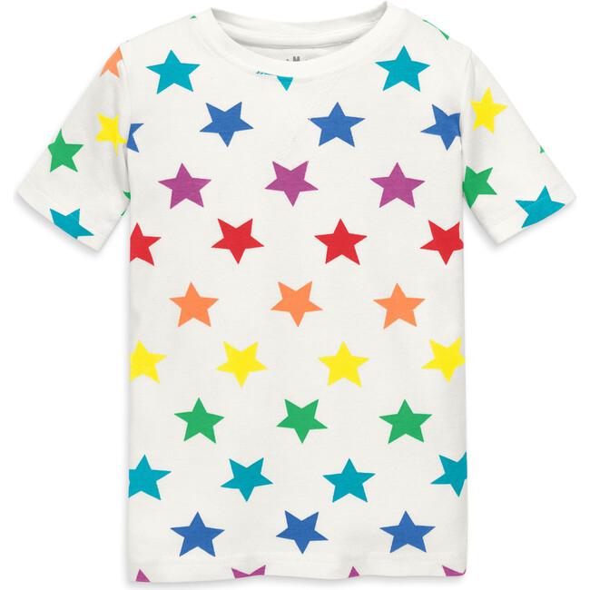 Kids Organic Short Sleeve Pj Top In Bright Rainbow Stars, Ivory/Rainbow Star