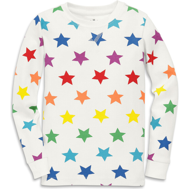 Kids Organic Long Sleeve Pj Top In Bright Rainbow Stars, Ivory/Rainbow Star