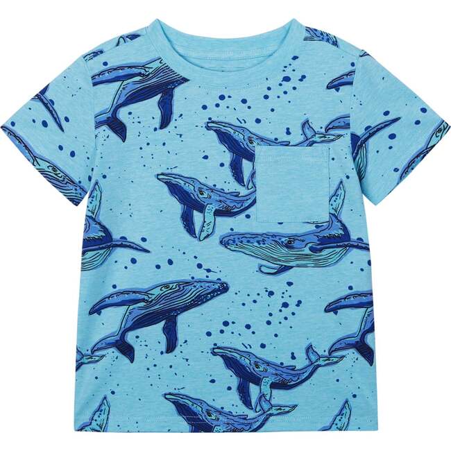 Swimming Whale Print Tee, Blue - Tees - 1