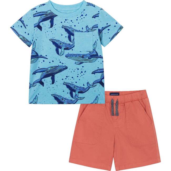 Swimming Whale Tee And Short Set, Blue And Orange