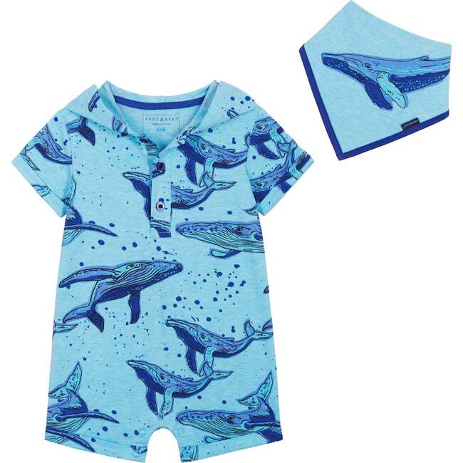 Swimming Whale Print Large Hooded Romper And Bib Set, Blue - Mixed Apparel Set - 1