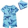 Swimming Whale Print Large Hooded Romper And Bib Set, Blue - Mixed Apparel Set - 1 - thumbnail