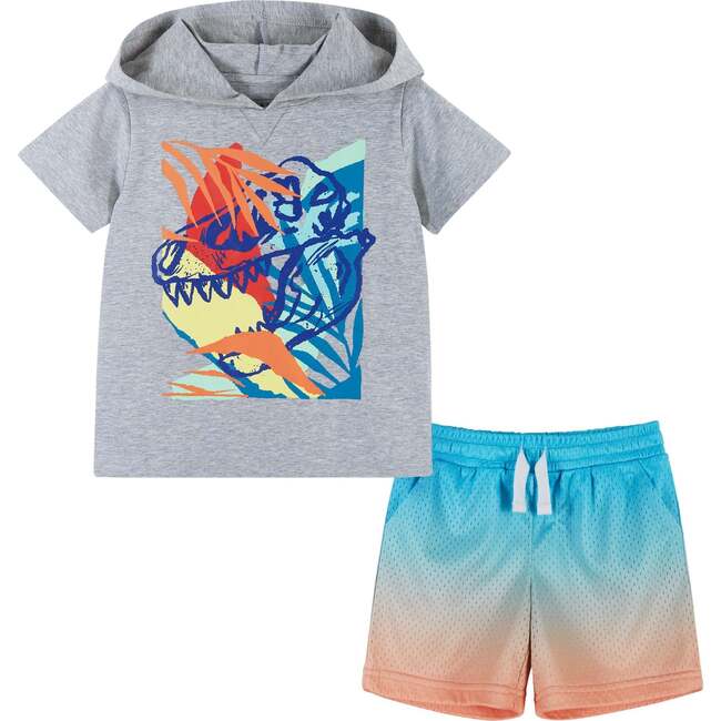 Tropical Dino Hooded Tee And Short Set, Gray And Multicolors