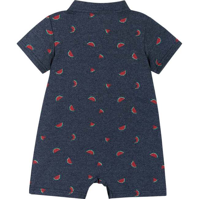 Watermelon Print Polo Romper, Blue - Onesies - 2