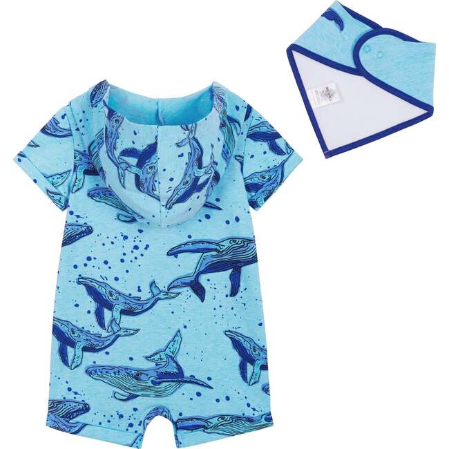 Swimming Whale Print Large Hooded Romper And Bib Set, Blue - Mixed Apparel Set - 2