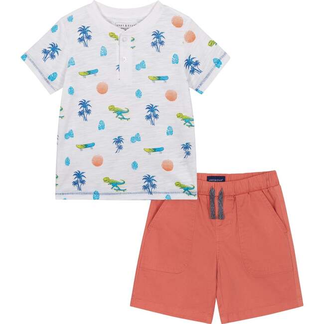 Skateboarding Dino Print Henley Tee And Short Set, White And Brick