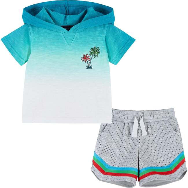Ombre Palm Tree Print Hooded Tee And Short Set, Blue And Grey