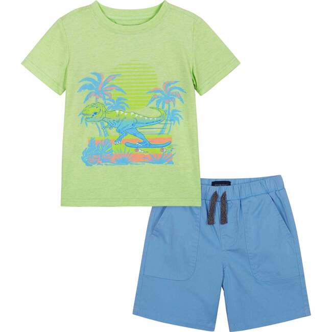 Skateboarding Dino Tee And Short Set, Green And Blue